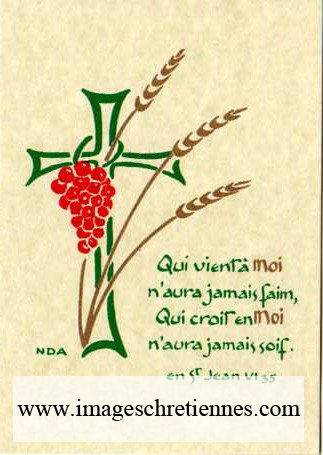 image de communion : épis de blé et raisins sur une croix