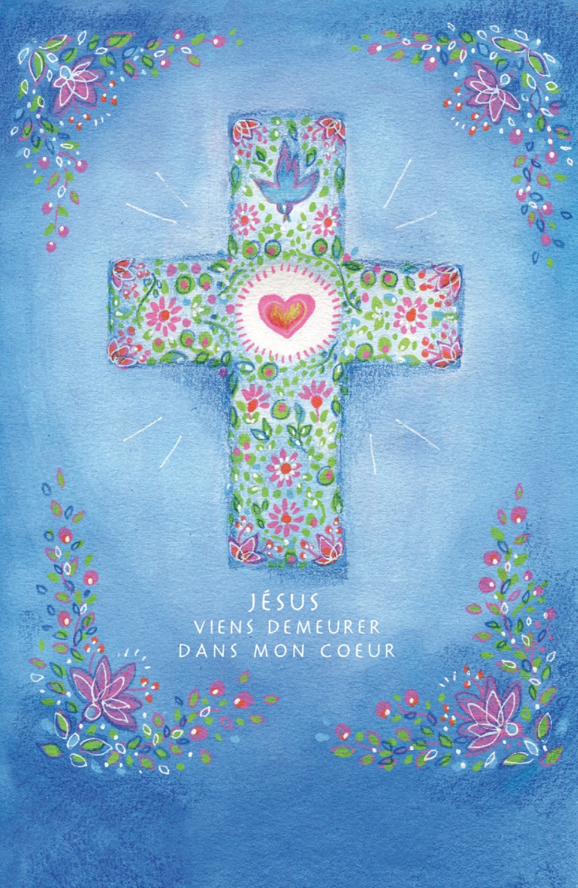  image de communion, profession de foi, confirmation fille : Croix bleue fleurie