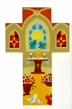 Croix peinte avec pour motif un autel dans le coeur d'une église