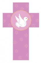 croix en bois peinte - colombe et motifs floraux sur fond rose