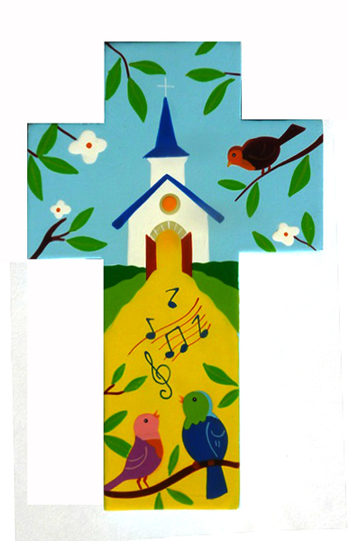 croix avec une église dans la campagne et des oiseaux chantants