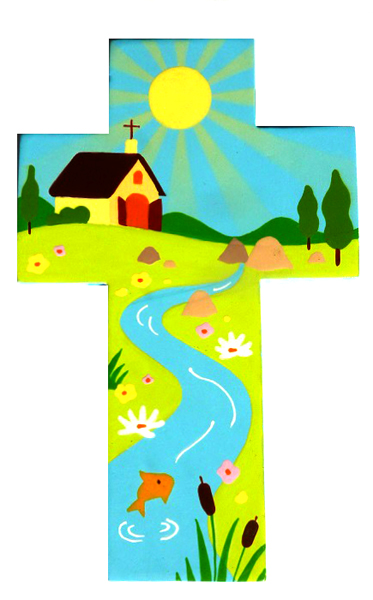 croix avec une église dans la campagne et un ruisseau de vie