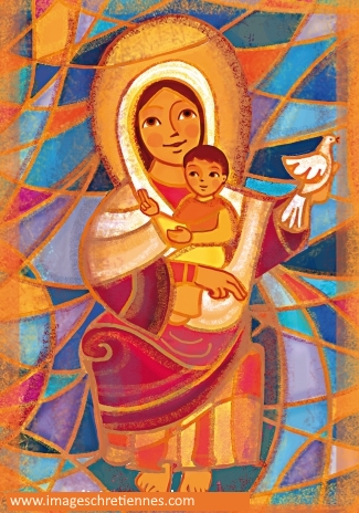 Magnet Vierge Marie : Vierge à l'Enfant sur un fond de vitrail.