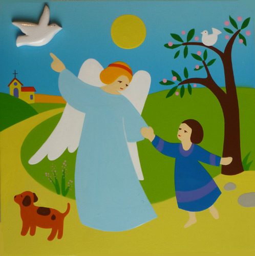 saint patron garçon personnalisable : enfant avec son ange gardien