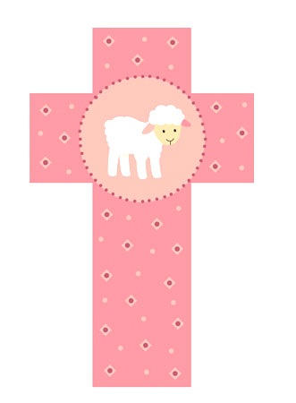 croix imagée et enfantine représentant un agneau sur fond rose