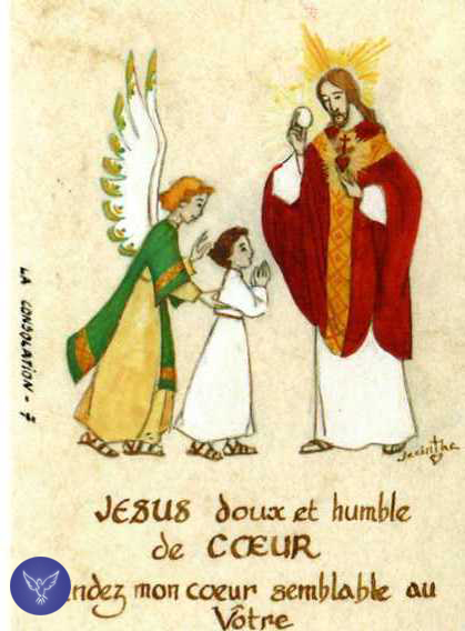 image de premiere communion : Jésus donne l'eucharistie à un enfant en aube