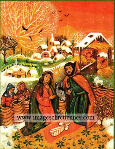 icône représentant la Nativité dans un paysage coloré et enneigé