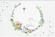 Carte de voeux chrétienne : Jésus dans une couronne de fleur avec deux agneaux