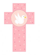 croix imagée et enfantine représentant unune colombe sur fond rose
