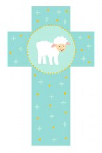 croix imagée et enfantine représentant un agneau sur fond eau