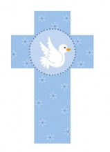 croix imagée et enfantine représentant unune colombe sur fond bleu
