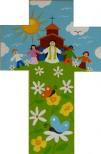 croix enfantine représentant l'église des enfants en fleurs et papillons