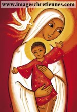 magnet représentant la Vierge à l'Enfant en blanc et rouge
