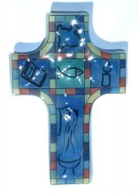 croix cadeau de baptême, ichtus, bible, colombe, cierge,eau et baptistère