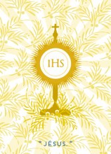 image de communion. Hostie rayonnante monogramme IHS palmes dorées