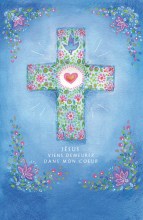  image de communion, profession de foi, confirmation fille : Croix bleue fleurie