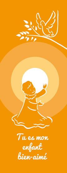 signet de bapteme  fanny rock jaune orange avec enfant debout  et colombe
