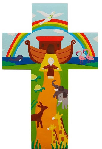 Croix illustrée pour un cadeau de baptême ou de naissance : motif biblique arche de noé